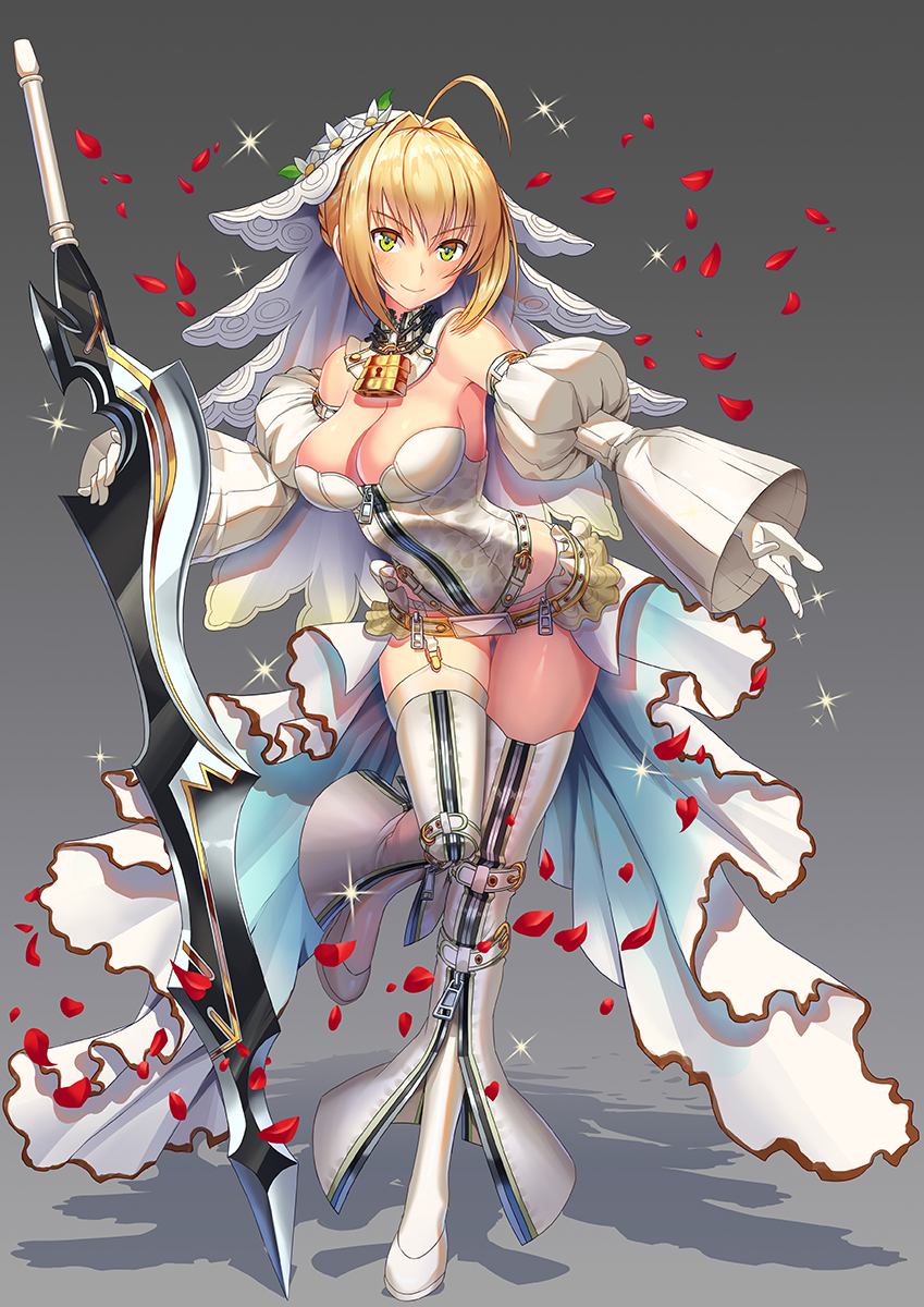 1girl aestus_estus ahoge belt blonde_hair blush breasts bridal_veil closed_mouth detached_sleeves fate/extra fate/grand_order fate_(series) full_body green_eyes hair_intakes highres knee_up large_breasts leotard looking_at_viewer nero_claudius_(bride)_(fate) nero_claudius_(fate) nero_claudius_(fate)_(all) petals planted_sword planted_weapon rose_petals shadow showgirl_skirt sidelocks smile solo sparkle standing standing_on_one_leg sword tako_seijin thigh-highs thighs v-shaped_eyebrows veil weapon white_legwear white_leotard zipper