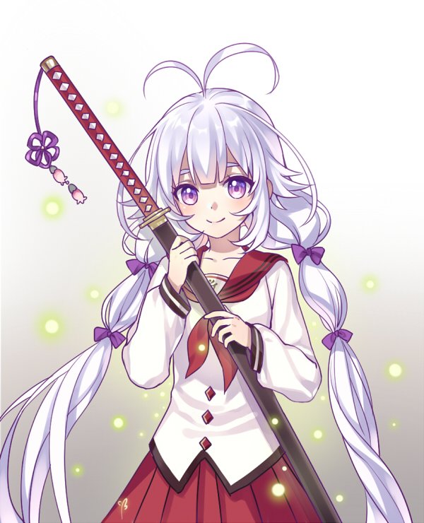 1girl antenna_hair bangs bow closed_mouth commentary_request copyright_request gradient gradient_background grey_background hair_bow holding holding_sword holding_weapon kangetsu_(fhalei) katana lavender_hair long_hair long_sleeves long_sword looking_at_viewer low_twintails neckerchief pleated_skirt purple_bow red_neckwear red_sailor_collar red_skirt sailor_collar scabbard school_uniform serafuku sheath sheathed shirt skirt smile solo sword twintails violet_eyes weapon white_shirt