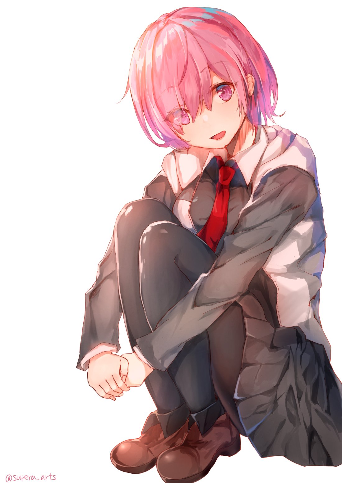 1girl :d black_legwear breasts brown_footwear eyebrows_visible_through_hair eyes_visible_through_hair fate/grand_order fate_(series) hair_over_one_eye highres knees_to_chest legs_together mash_kyrielight necktie open_mouth pantyhose pink_hair short_hair sitting smile squatting supera violet_eyes