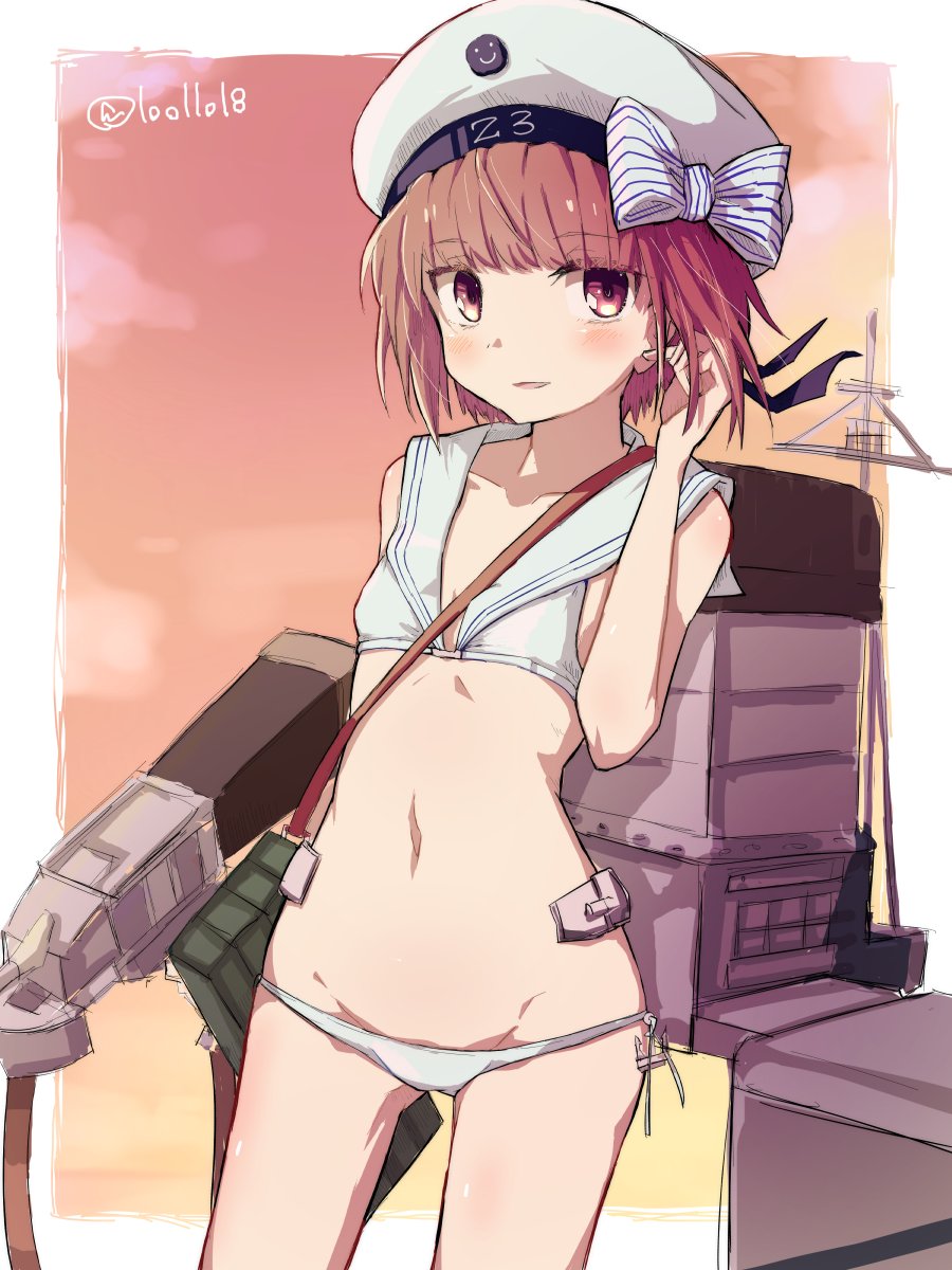 10011018 1girl anchor bangs bikini blush bow brown_eyes brown_hair character_name clothes_writing cowboy_shot eyebrows_visible_through_hair flat_chest groin hair_bow hair_tucking hat highres holding holding_weapon kantai_collection looking_at_viewer machinery navel outside_border parted_lips sailor_bikini sailor_collar sailor_hat short_hair side-tie_bikini sketch smiley_face solo standing striped striped_bow swimsuit twitter_username weapon white_bikini white_hat z3_max_schultz_(kantai_collection)