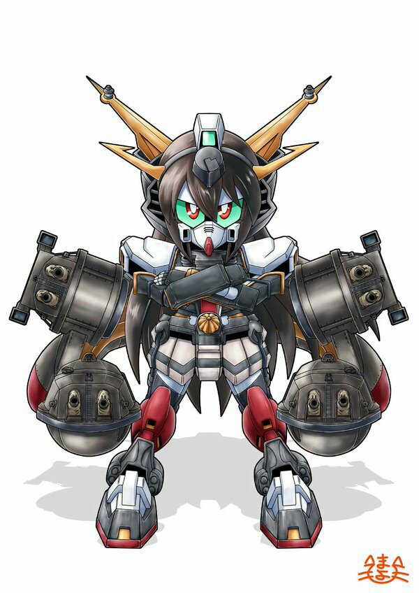 brown_hair char's_counterattack crossed_arms crossover green_sclera gundam headgear kantai_collection long_hair mayohi_neko mecha mecha_musume nagato_(kantai_collection) no_humans nu_gundam red_eyes turret