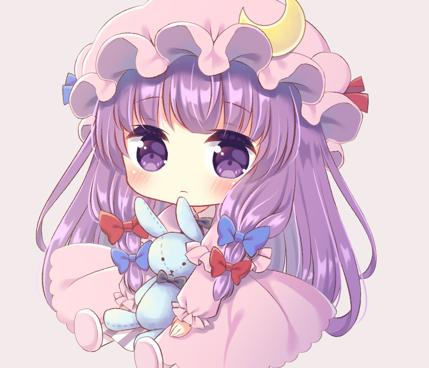 1girl :&lt; bangs blue_bow blunt_bangs blush bow chibi closed_mouth crescent dress expressionless eyebrows_visible_through_hair frilled_sleeves frills hair_bow hat kagome_f layered_sleeves long_hair looking_at_viewer mob_cap patchouli_knowledge pink_dress pink_hat red_bow sitting solo straight_hair stuffed_animal stuffed_bunny stuffed_toy tareme touhou