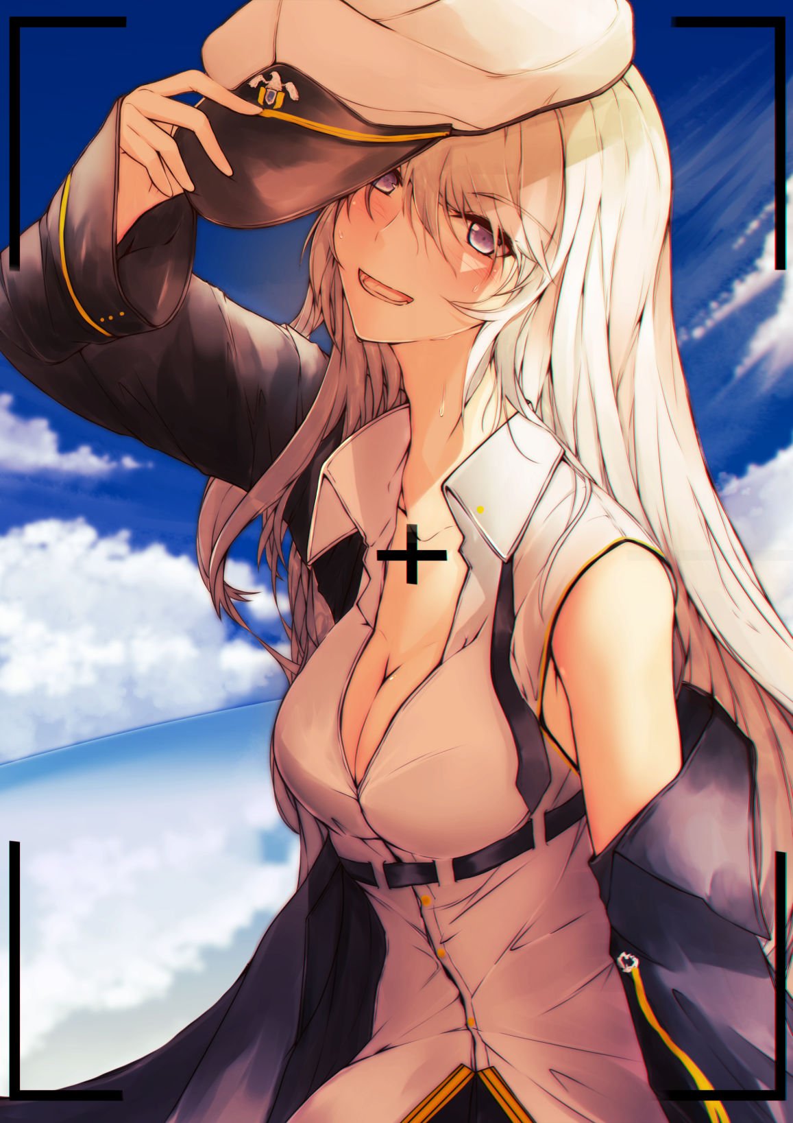 1girl azur_lane bangs bare_shoulders blue_sky blush breasts cleavage clouds collared_shirt enterprise_(azur_lane) eyebrows_visible_through_hair hand_on_headwear hat head_tilt highres large_breasts long_hair long_sleeves looking_at_viewer necktie otsunabe_(naabe_delta) peaked_cap shaded_face shirt silver_hair skirt sky sleeveless sleeveless_shirt smile solo sweatdrop very_long_hair viewfinder violet_eyes white_shirt