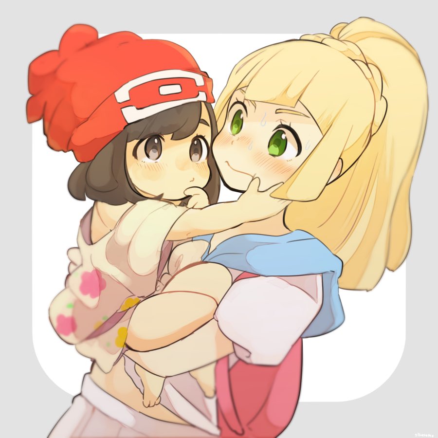 2girls age_regression backpack bag beanie black_hair blonde_hair carrying green_eyes hat lillie_(pokemon) long_hair mizuki_(pokemon_sm) multiple_girls oversized_clothes pokemon pokemon_(game) pokemon_sm ponytail red_hat shirt short_hair short_sleeves siroromo sweat sweating_profusely white_shirt younger