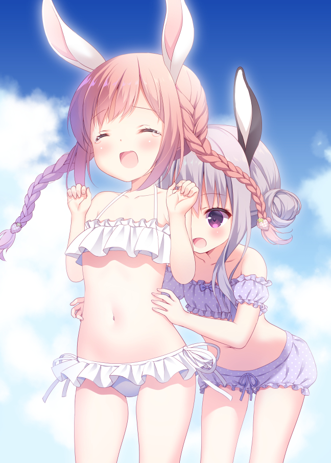 2girls :d ^_^ animal_ears bangs bare_arms bare_shoulders bikini blue_sky blush braid chitosezaka_suzu closed_eyes clouds collarbone commentary_request day double_bun eyebrows_visible_through_hair frilled_bikini frills hair_between_eyes hands_on_another's_waist leaning_forward light_brown_hair long_hair low_twintails multiple_girls navel open_mouth original outdoors polka_dot polka_dot_bikini purple_bikini purple_hair rabbit_ears side-tie_bikini side_bun sky smile swimsuit tears twin_braids twintails violet_eyes white_bikini