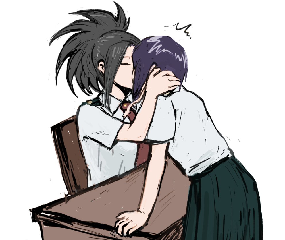 2girls black_hair boku_no_hero_academia closed_eyes earlobes high_ponytail jirou_kyouka kiss multiple_girls necktie ponytail purple_hair shirt short_hair short_sleeves single_sidelock sketch skirt u.a._school_uniform vvvmung white_background white_shirt yaoyorozu_momo yuri