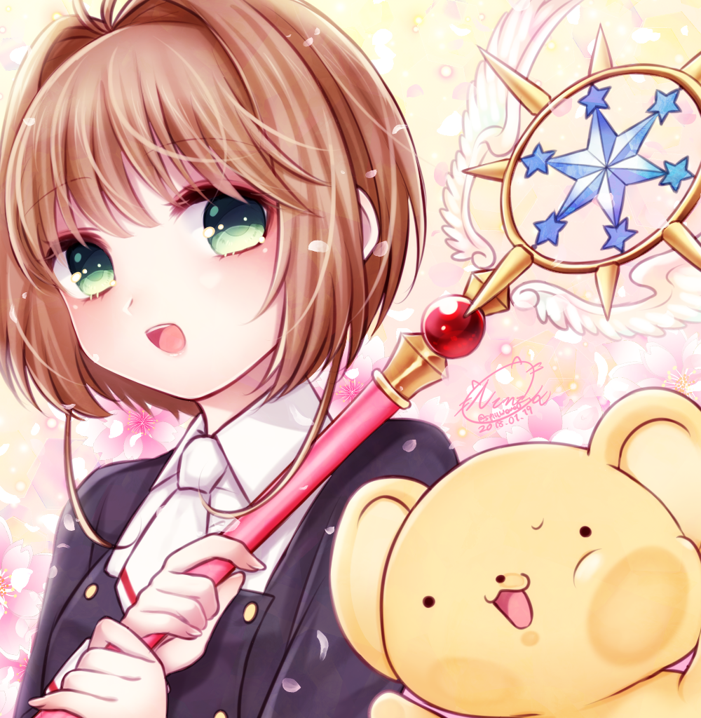 1girl 2018 :d antenna_hair bangs black_jacket blush brown_hair buttons card_captor_sakura cherry_blossoms collared_shirt dated eyebrows eyebrows_visible_through_hair fingernails green_eyes hair_intakes holding holding_wand jacket kero kinomoto_sakura kurosaki_nana lips necktie open_mouth petals pink_lips shirt short_hair short_necktie signature smile solo star teeth tomoeda_middle_school_uniform tongue upper_body wand white_neckwear white_shirt yume_no_tsue