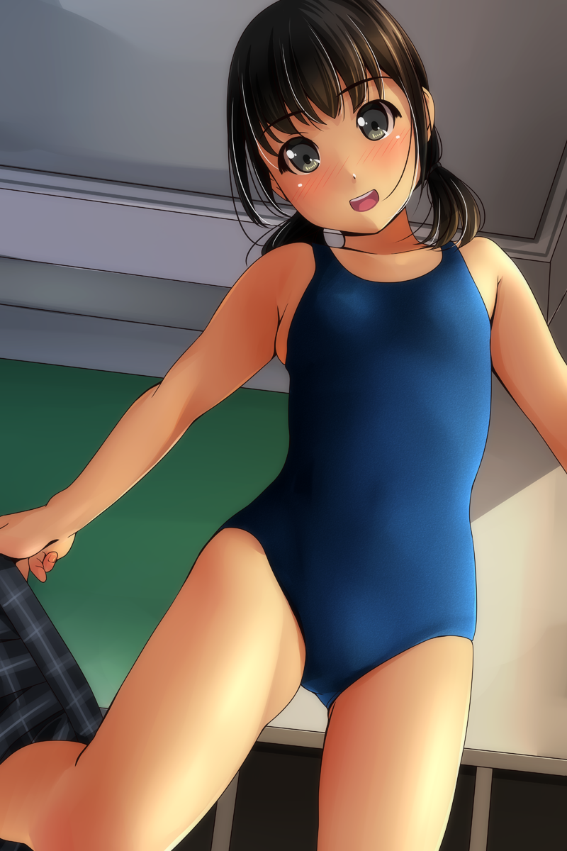 1girl :d bangs bare_arms bare_legs bare_shoulders black_skirt blush chalkboard classroom collarbone competition_school_swimsuit eyebrows_visible_through_hair flat_chest from_below green_eyes highres indoors leg_up legs_apart long_hair looking_at_viewer looking_down low_twintails matsunaga_kouyou open_mouth original plaid plaid_skirt round_teeth skindentation skirt skirt_removed smile standing standing_on_one_leg swimsuit tareme teeth thighs twintails undressing