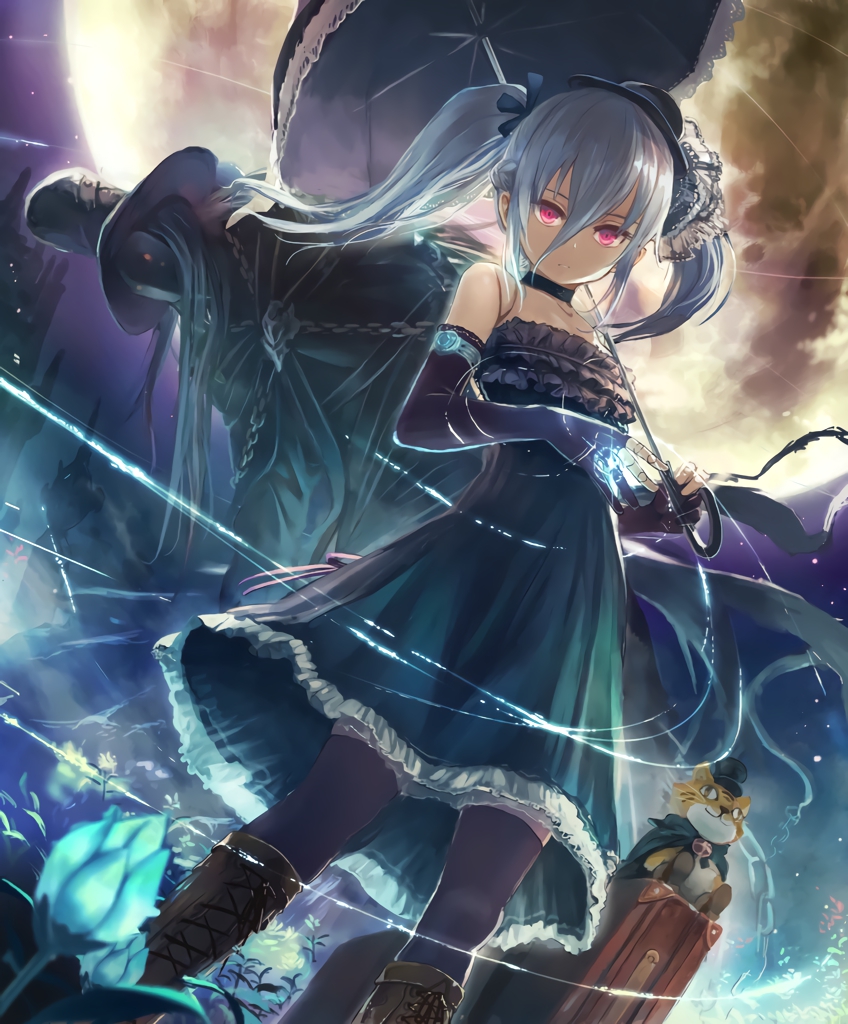 1boy 1girl artist_request bare_shoulders boots cygames doll_joints frilled_skirt frills full_moon hat lloyd_(granblue_fantasy) long_hair looking_at_viewer mask moon official_art orchis parasol red_eyes shadowverse shingeki_no_bahamut skirt string stuffed_animal stuffed_toy thigh-highs top_hat twintails umbrella white_hair