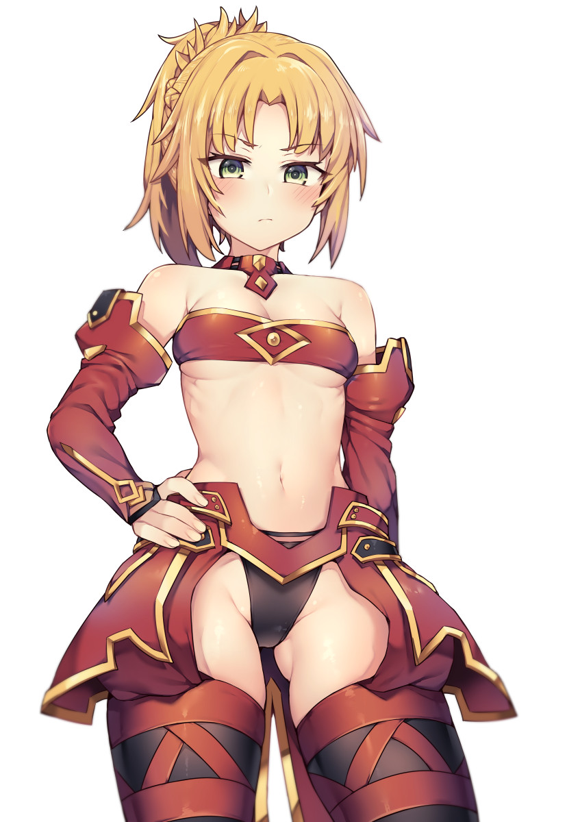 1girl arm_at_side bangs bare_shoulders black_legwear black_panties blonde_hair blush braid breasts cleavage cowboy_shot detached_collar detached_sleeves eyebrows_visible_through_hair fate/apocrypha fate_(series) faulds french_braid gluteal_fold green_eyes hand_on_hip highres jp06 long_hair long_sleeves looking_at_viewer medium_breasts mordred_(fate) mordred_(fate)_(all) navel panties parted_bangs ponytail shiny shiny_hair simple_background smile solo standing stomach strapless thigh-highs tubetop underwear v-shaped_eyebrows white_background