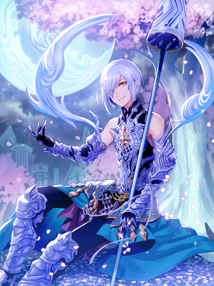 1boy akizuno armor character_request gauntlets greaves hair_over_one_eye lance male_focus outdoors pointy_ears polearm shadowverse shingeki_no_bahamut silver_hair sitting smile solo tree weapon