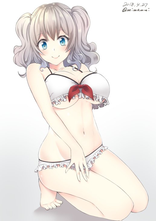 1girl barefoot blue_eyes bra breasts commentary_request dated frilled_bra frilled_panties frills kantai_collection kashima_(kantai_collection) kneeling large_breasts long_hair looking_at_viewer mimamui panties sidelocks silver_hair simple_background smile solo tsurime twintails twitter_username underwear underwear_only wavy_hair white_background white_bra white_panties