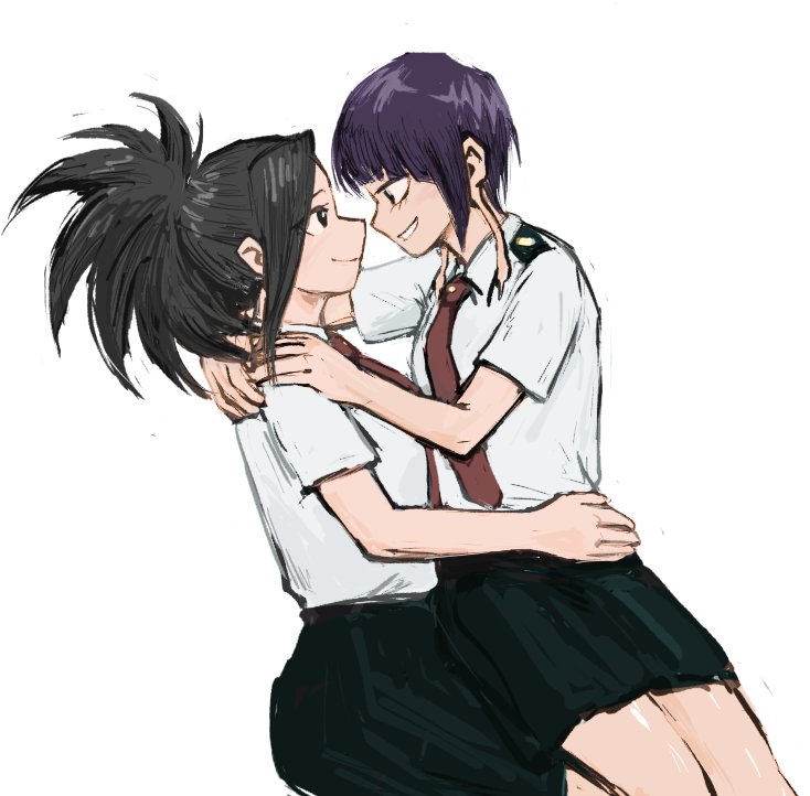 2girls black_hair boku_no_hero_academia earlobes grin high_ponytail jirou_kyouka multiple_girls necktie ponytail purple_hair shirt short_hair short_sleeves single_sidelock sketch skirt smile u.a._school_uniform vvvmung white_background white_shirt yaoyorozu_momo yuri