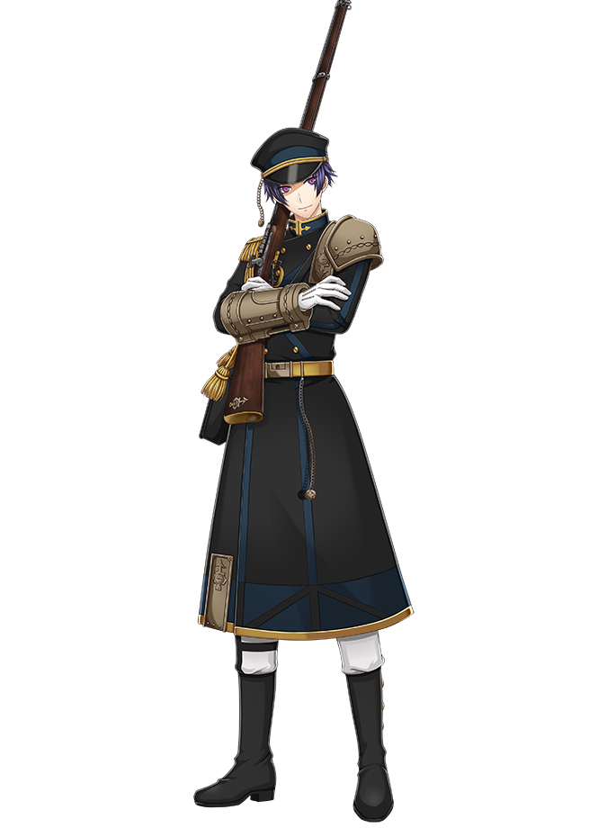 1boy antique_firearm black_footwear boots crossed_arms double-breasted epaulettes firearm full_body gauntlets gloves gun hat holding holding_gun holding_weapon kinoshita_sakura looking_at_viewer military military_uniform official_art peaked_cap purple_hair rifle senjuushi:_the_thousand_noble_musketeers short_hair shoulder_armor single_gauntlet snider_(senjuushi) solo tachi-e transparent_background uniform violet_eyes weapon white_gloves