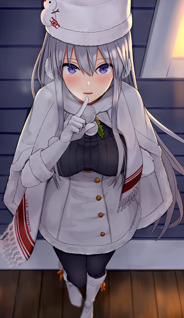 1girl azur_lane bangs blush breasts breath buttons character_name coat commentary_request earmuffs enterprise_(azur_lane) enterprise_(reindeer_master)_(azur_lane) eyebrows_visible_through_hair finger_to_mouth floating_hair from_above gloves hat kinokorec large_breasts looking_at_viewer night outdoors pantyhose parted_lips pom_pom_(clothes) pov scarf silver_hair solo standing violet_eyes wall white_coat white_footwear white_gloves white_hat white_scarf window winter winter_clothes winter_coat wooden_floor