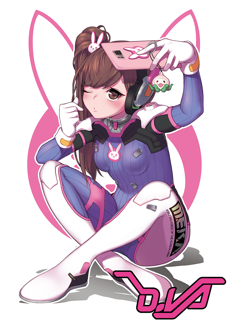 1girl acronym alternate_hairstyle animal_print blue_bodysuit bodysuit breasts brown_eyes brown_hair bunny_print cellphone character_name charm_(object) clothes_writing d.va_(overwatch) emblem full_body gloves headphones high_collar holding holding_phone hunched_over indian_style konbu_(hida123) long_hair one_eye_closed outstretched_arm overwatch pachimari phone pilot_suit ribbed_bodysuit self_shot shoulder_pads side_ponytail sitting skin_tight small_breasts smartphone solo stuffed_animal stuffed_octopus stuffed_toy taking_picture white_background white_gloves