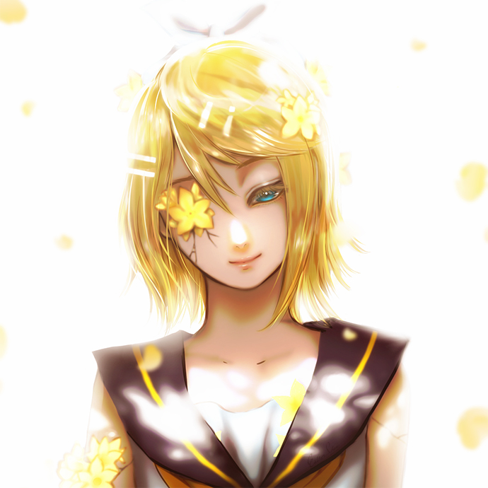 1girl aqua_eyes bare_shoulders blonde_hair bloom bow collarbone cracked_skin esther eyelashes flower flower_in_eye hair_bow hair_ornament hairclip half-closed_eyes kagamine_rin kokoro_(vocaloid) leaning_to_the_side lips petals sailor_collar shirt short_hair sleeveless sleeveless_shirt smile symbol_in_eye vocaloid yellow_flower