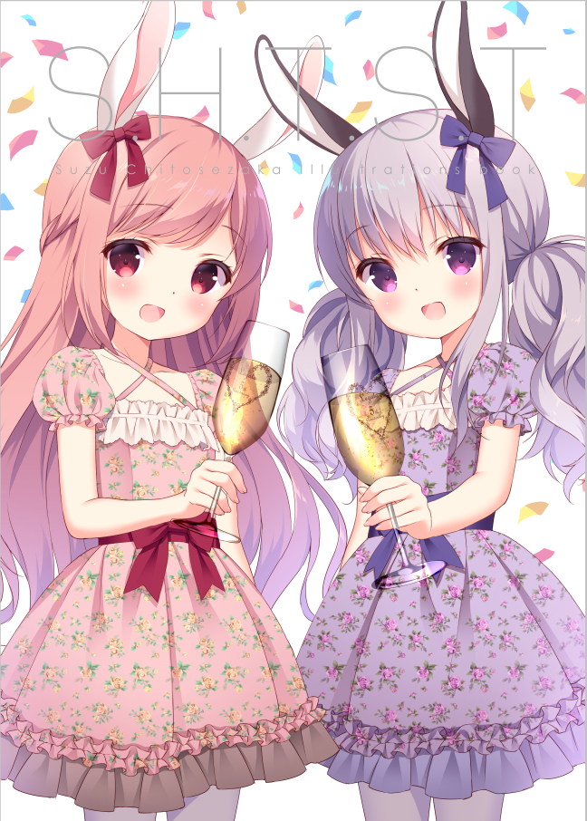 2girls :d animal_ears artist_name bangs blush bow chitosezaka_suzu commentary_request confetti cup dress drinking_glass eyebrows_visible_through_hair floral_print hair_between_eyes hair_bow head_tilt holding holding_drinking_glass long_hair looking_at_viewer low_twintails multiple_girls open_mouth original pink_dress pink_hair print_dress puffy_short_sleeves puffy_sleeves purple_bow purple_dress purple_hair rabbit_ears red_bow red_eyes short_sleeves smile twintails very_long_hair violet_eyes white_background