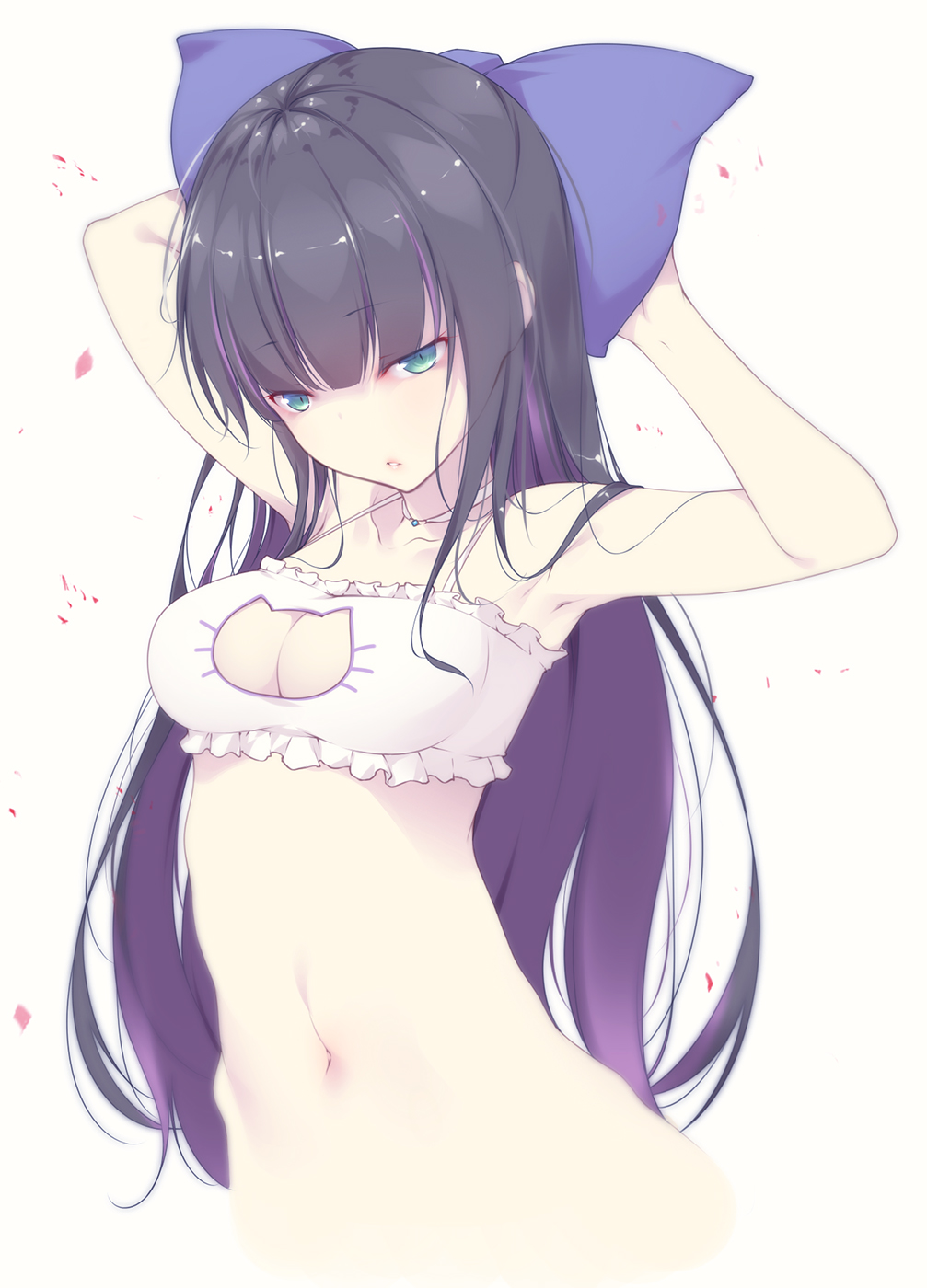 1girl arms_up bangs black_hair blue_bow blue_eyes bow bra cat_lingerie cropped_torso eyebrows_visible_through_hair frilled_bra frills hair_bow highres lips looking_at_viewer meme_attire multicolored_hair navel panty_&amp;_stocking_with_garterbelt parted_lips purple_hair shokuyou_mogura solo stocking_(psg) streaked_hair tsurime underwear upper_body white_bra