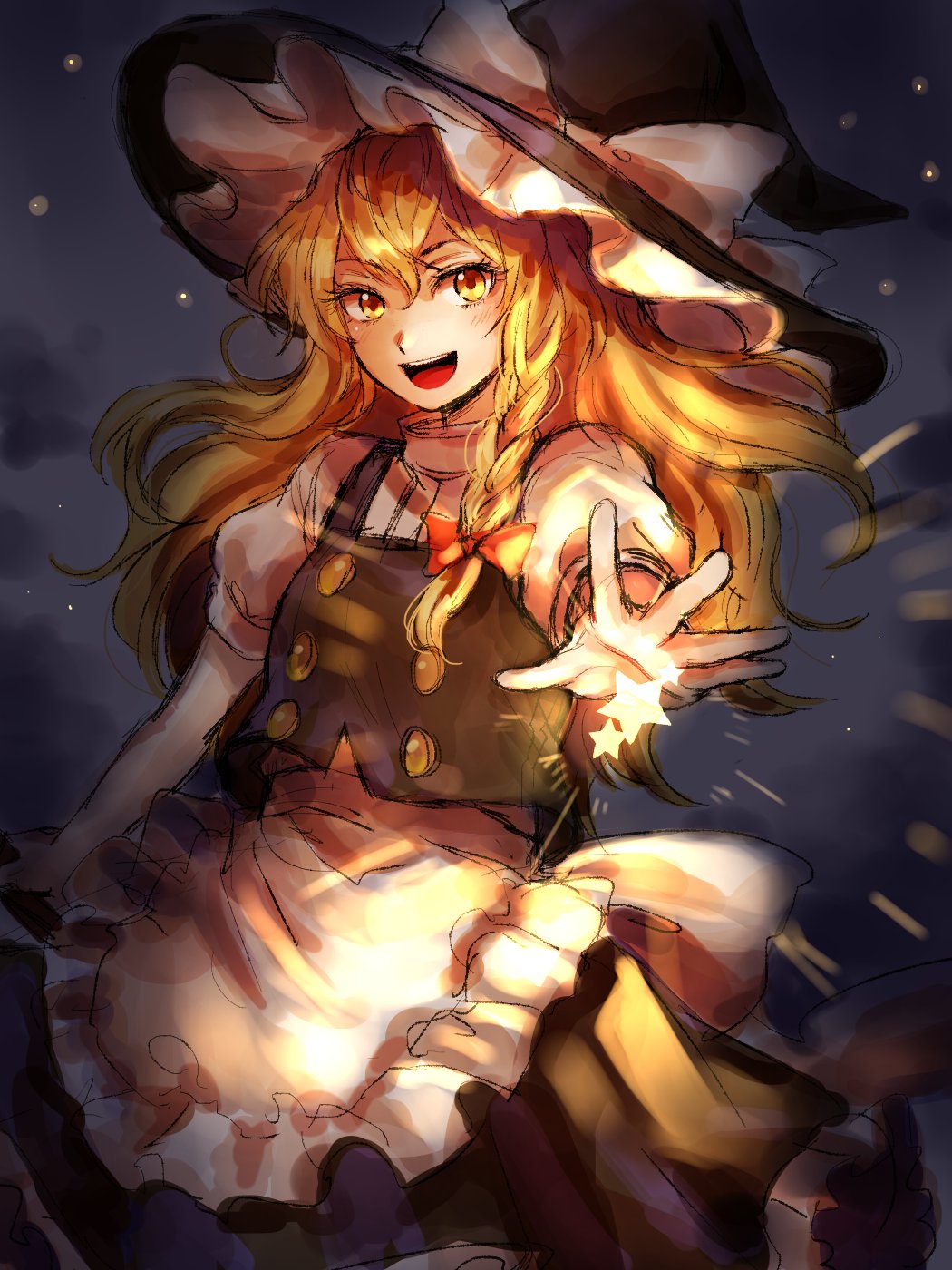 1girl apron blonde_hair braid hair_ribbon hat highres kirisame_marisa kuya_(hey36253625) long_hair looking_at_viewer open_mouth outstretched_arm outstretched_hand ribbon single_braid skirt smile solo star touhou wavy_hair witch_hat yellow_eyes