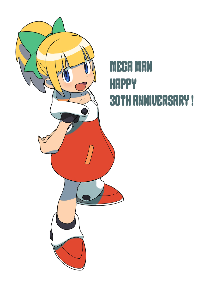 anniversary arms_behind_back blonde_hair blue_eyes capcom copyright_name dress full_body hands_together high_ponytail highres ishikawa_hideki long_hair looking_at_viewer official_art open_mouth red_dress rockman rockman_(classic) roll short_sleeves simple_background standing white_background