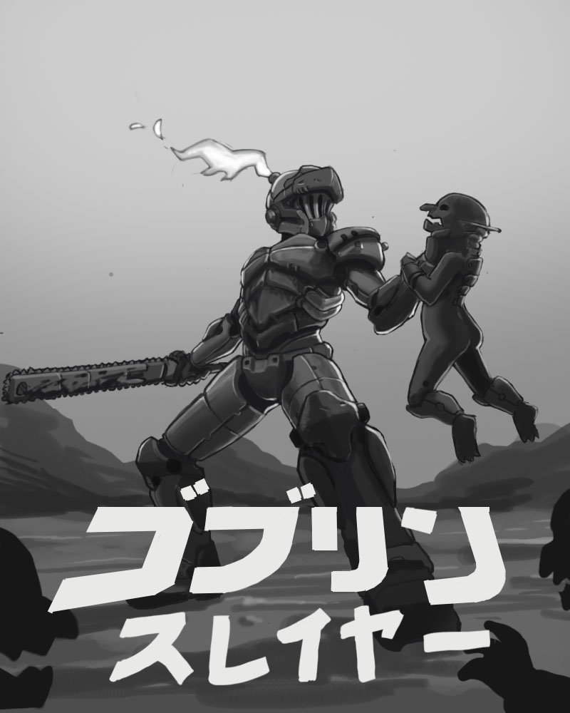 1boy armor chainsword copyright_name derivative_work donburikazoku doom_(game) goblin goblin_slayer goblin_slayer! greyscale helmet male_focus manly monochrome parody silhouette solo_focus strangling weapon