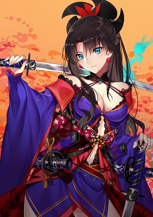 1girl bangs bare_shoulders black_hair blue_eyes blue_fire blue_kimono breasts cleavage closed_mouth commentary_request cosplay detached_sleeves dual_wielding earrings eyebrows_visible_through_hair fate/grand_order fate/stay_night fate_(series) fire hair_ornament hand_on_hilt holding holding_sword holding_weapon japanese_clothes jewelry katana kimono leaf_print long_hair maple_leaf_print medium_breasts miyamoto_musashi_(fate/grand_order) miyamoto_musashi_(fate/grand_order)_(cosplay) navel_cutout parted_bangs ponytail sheath sheathed solo sword tohsaka_rin unsheathed weapon wide_sleeves yaoshi_jun