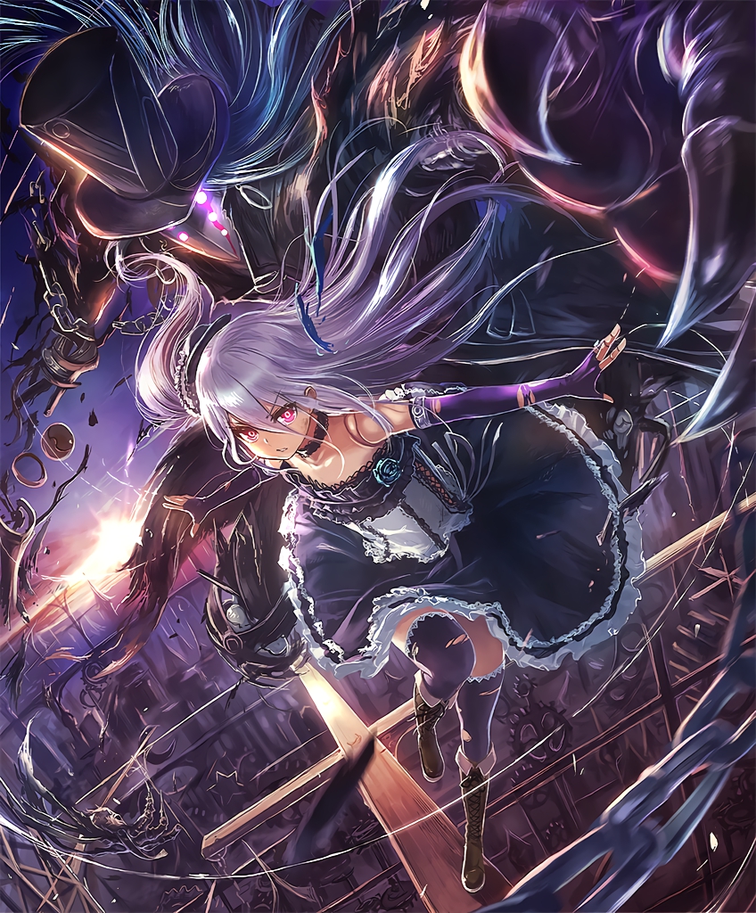 1boy 1girl artist_request bare_shoulders boots cityscape cygames damaged doll_joints fingerless_gloves frilled_skirt frills gloves hat lloyd_(granblue_fantasy) long_hair looking_at_viewer mask official_art orchis purple_hair red_eyes shadowverse shingeki_no_bahamut side_ponytail skirt string sunrise thigh-highs top_hat torn_clothes torn_thighhighs