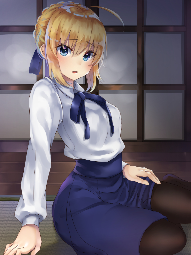 1girl :o ahoge arm_support artoria_pendragon_(all) bangs black_legwear blonde_hair blue_eyes blue_neckwear blue_ribbon blue_skirt blush collared_shirt d: eyebrows_visible_through_hair fate/stay_night fate_(series) full_body gakuon_(gakuto) hair_ribbon indoors looking_at_viewer medium_skirt neck_ribbon on_floor open_mouth pantyhose ribbon saber shirt short_hair sidelocks sitting skirt solo tatami white_shirt yokozuwari