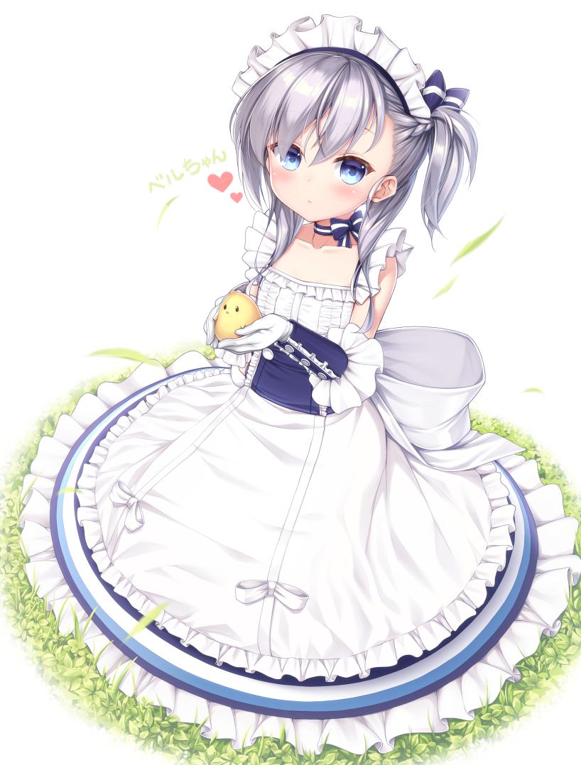 1girl animal apron azur_lane bangs belfast_(azur_lane) bird blue_bow blue_choker blue_dress blue_eyes blush bow braid chick choker closed_mouth clover collarbone commentary_request dress expressionless french_braid from_above full_body gloves grass hair_between_eyes hair_bow heart holding holding_animal long_hair looking_at_viewer maid_headdress motion_blur nullken outdoors petticoat ribbon ribbon_choker shiny shiny_hair side_ponytail silver_hair simple_background sitting sleeveless sleeveless_dress solo striped striped_bow striped_ribbon white_apron white_background white_bow white_gloves wind younger