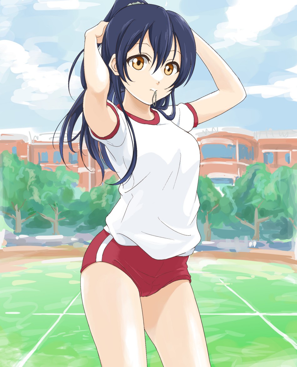 1girl alternate_hairstyle arms_up bangs bloomers blue_hair commentary_request cowboy_shot eyebrows_visible_through_hair hair_between_eyes long_hair looking_at_viewer love_live! love_live!_school_idol_project mouth_hold ponytail shirt solo sonoda_umi tetopetesone tying_hair underwear white_shirt yellow_eyes