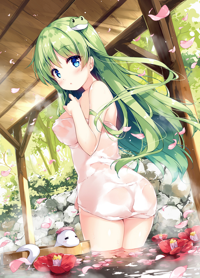 1girl =_= animal ass bare_arms bare_shoulders blue_eyes blush breasts bush commentary_request covered_nipples cowboy_shot dutch_angle eyebrows_visible_through_hair flower frog_hair_ornament green_hair hair_ornament kochiya_sanae large_breasts long_hair looking_at_viewer looking_back miyase_mahiro naked_towel onsen parted_lips petals plant red_flower rock snake solo standing steam touhou towel tree water white_snake