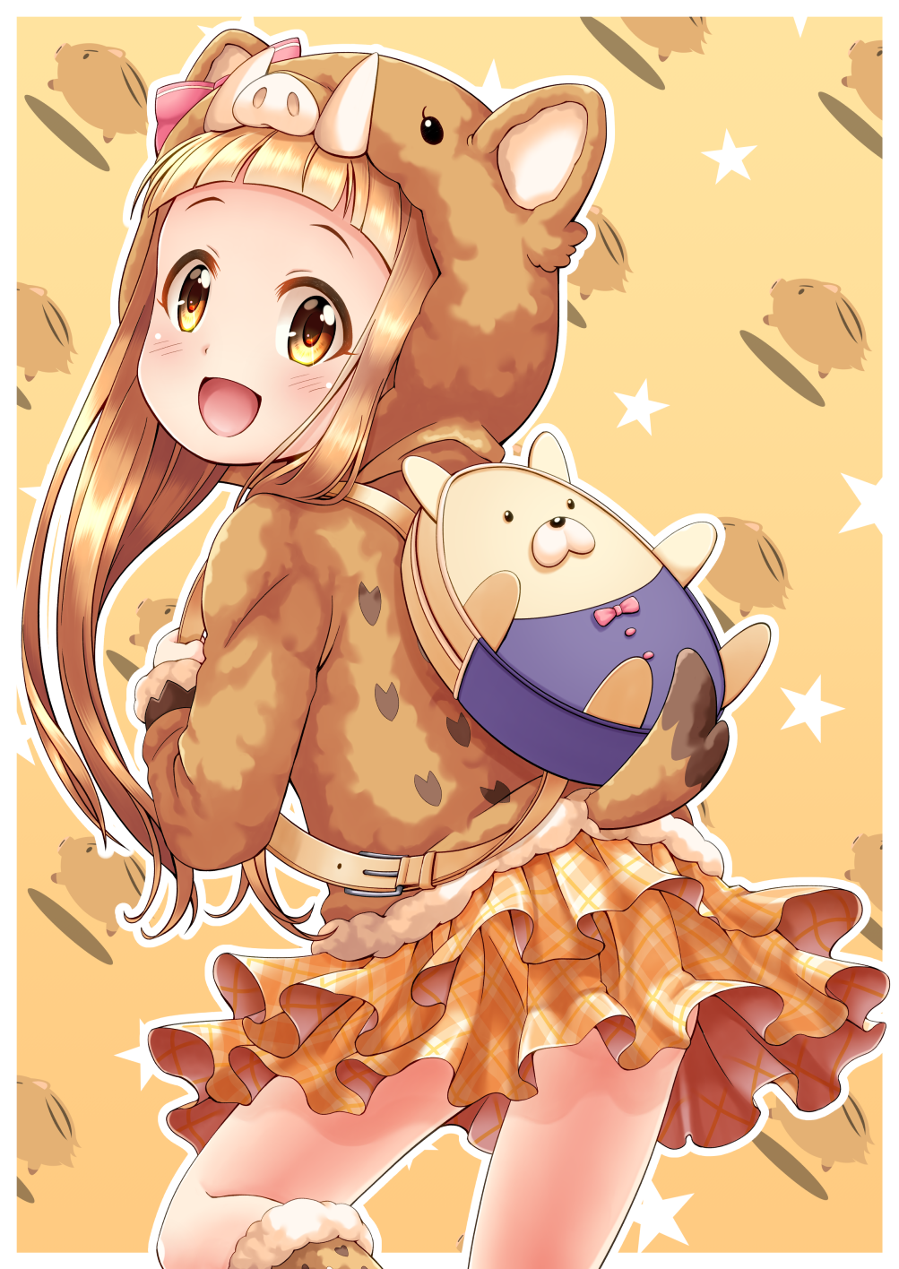 1girl :d animal_ears animal_hood backpack bag bangs blonde_hair blush boots bow brown_eyes brown_footwear brown_hoodie commentary_request fur-trimmed_boots fur_trim highres hood hood_up ichihara_nina idolmaster idolmaster_cinderella_girls knee_boots layered_skirt long_hair looking_at_viewer looking_back open_mouth pink_bow plaid plaid_skirt regular_mow skirt smile solo standing standing_on_one_leg star very_long_hair yellow_skirt