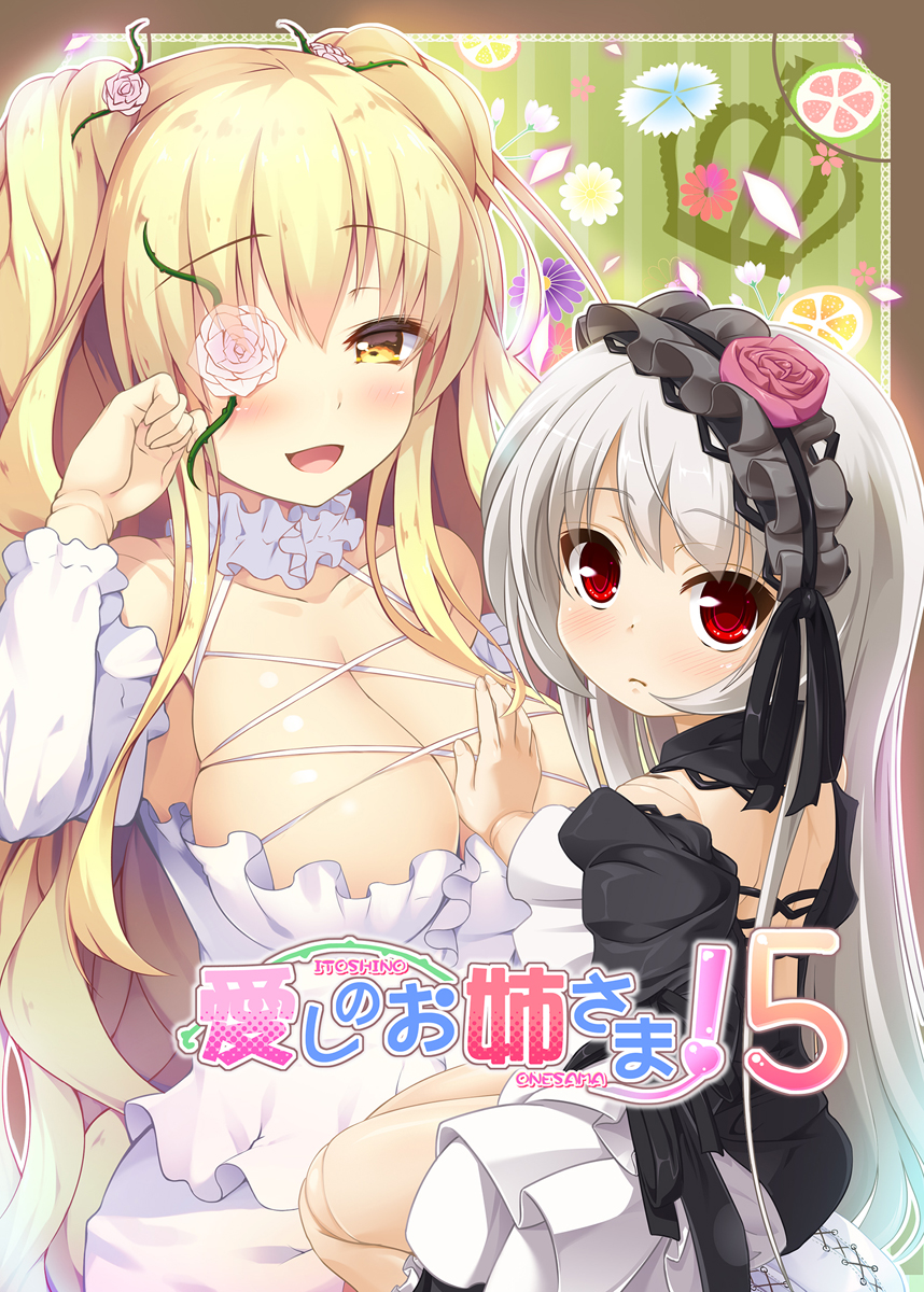 2girls :d asa_(swallowtail) bangs black_dress black_hairband blonde_hair blush breasts brown_eyes cleavage closed_mouth commentary_request cover cover_page detached_sleeves doll_joints dress eyebrows_visible_through_hair fingernails flower flower_eyepatch frilled_hairband gothic_lolita hair_between_eyes hair_flower hair_ornament hairband highres kirakishou lolita_fashion long_hair long_sleeves looking_at_viewer looking_to_the_side multiple_girls open_mouth pink_flower pink_rose red_eyes red_flower red_rose rose rozen_maiden silver_hair smile suigintou two_side_up very_long_hair white_dress