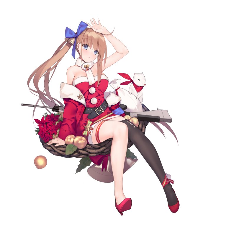 bare_shoulders bell bell_hair_ornament black_legwear blue_bow blue_eyes blush bow breasts brown_hair closed_mouth eyebrows_visible_through_hair fal_(girls_frontline) girls_frontline gun hair_bow hair_ornament high_heels large_breasts looking_at_viewer ponytail santa_costume sitting suisai thigh-highs weapon