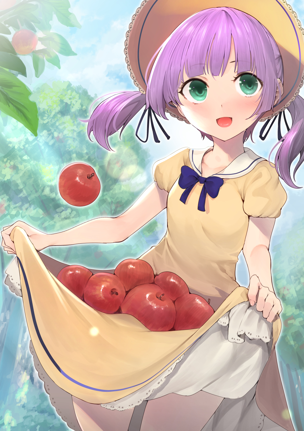 1girl :d apple bangs black_ribbon blue_neckwear blue_sky blush bow bowtie clouds cloudy_sky commentary_request cowboy_shot day dress dutch_angle eyebrows_visible_through_hair fingernails food fruit furukawa_itsuse green_eyes hair_ribbon hat highres holding long_hair looking_at_viewer mochi_hiyoko mochi_hiyoko_(character) open_mouth outdoors puffy_short_sleeves puffy_sleeves purple_hair red_apple ribbon sailor_collar short_sleeves skirt_basket sky smile solo tree twintails virtual_youtuber white_sailor_collar yellow_dress yellow_hat