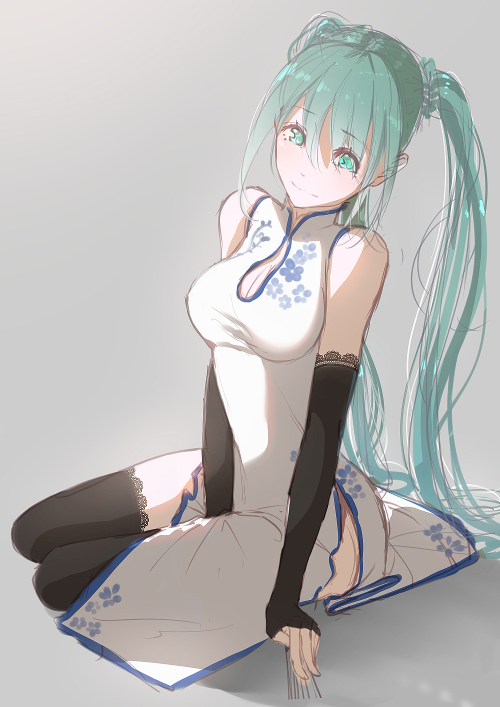 1girl aqua_eyes aqua_hair arm_support bangs bare_shoulders between_legs bikini black_legwear blush breasts cleavage cleavage_cutout closed_mouth dress elbow_gloves eyebrows_visible_through_hair fingerless_gloves full_body gloves grey_background hand_between_legs hatsune_miku highres lace lace-trimmed_gloves lace-trimmed_thighhighs leaning_to_the_side long_hair medium_breasts mole mole_under_eye side_slit simple_background sitting sleeveless sleeveless_dress smile smile_(qd4nsvik) solo swimsuit tareme thigh-highs twintails very_long_hair vocaloid white_bikini white_dress yokozuwari