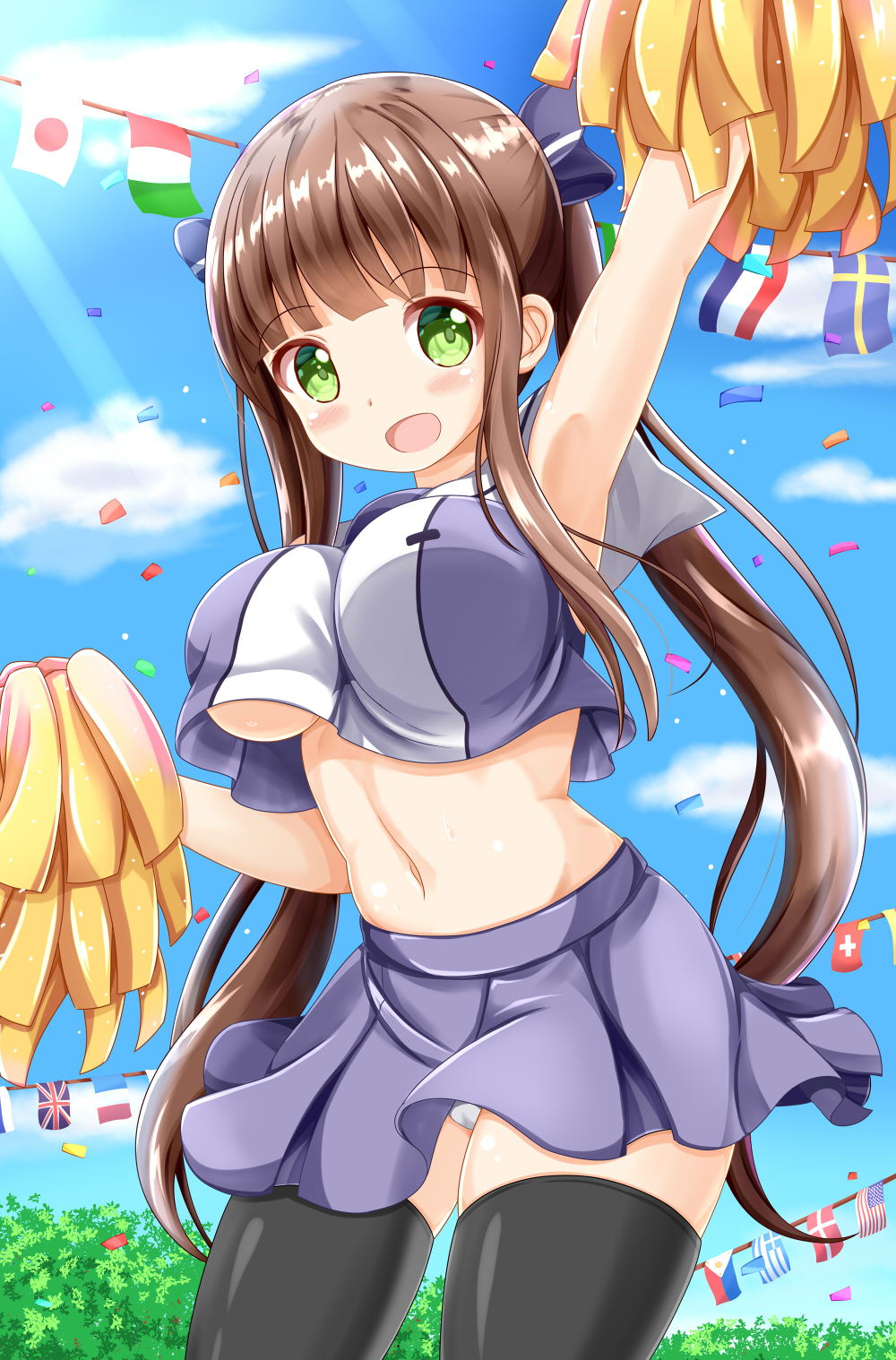 1girl :d american_flag arm_up armpits bangs bare_arms bare_shoulders black_legwear blue_sky blush bow breasts brown_hair cheerleader clouds commentary_request confetti crop_top danish_flag day eyebrows_visible_through_hair flags_of_all_nations gochuumon_wa_usagi_desu_ka? greek_flag green_eyes hair_bow highres holding italian_flag japanese_flag large_breasts long_hair looking_at_viewer midriff navel open_mouth outdoors panties pleated_skirt pom_poms purple_bow purple_skirt shirt sidelocks skirt sky sleeveless sleeveless_shirt smile solo string_of_flags swedish_flag swiss_flag thigh-highs twintails ujimatsu_chiya under_boob underwear union_jack very_long_hair white_panties zenon_(for_achieve)