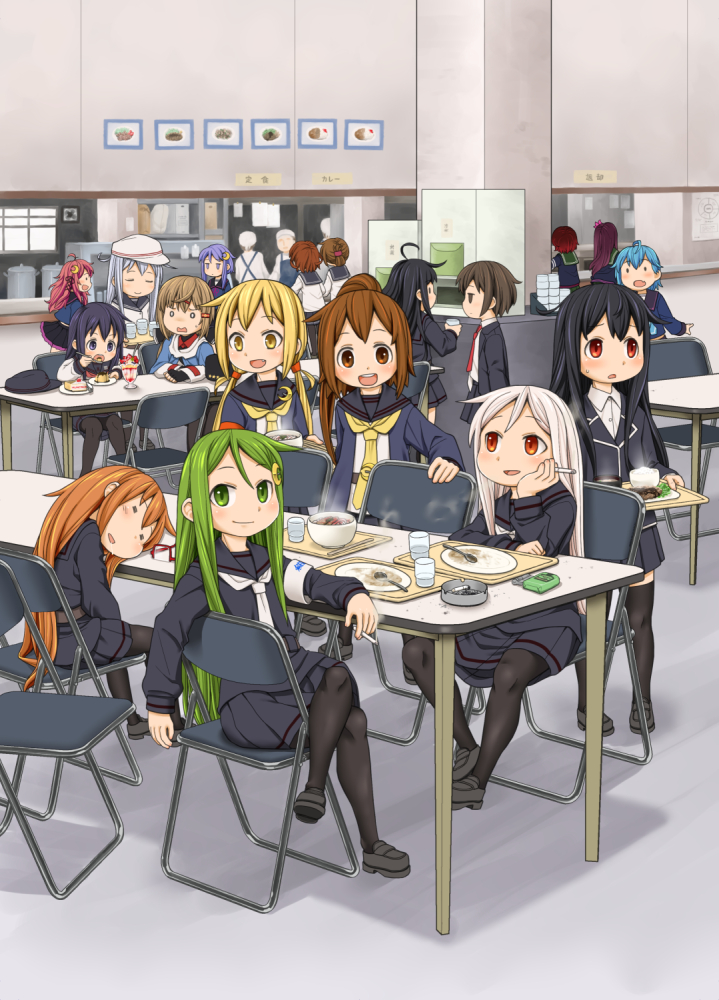 6+girls :d ahoge akatsuki_(kantai_collection) black_footwear black_gloves black_legwear black_sailor_collar black_serafuku black_skirt blazer blonde_hair blue_hair blue_neckwear brown_eyes brown_hair cake cigarette closed_eyes commentary_request crescent crescent_hair_ornament crescent_moon_pin eyewear_removed fang fingerless_gloves food fumizuki_(kantai_collection) glasses gloves green_eyes green_hair hair_between_eyes hair_ornament hairclip harukaze_unipo hat hatsushimo_(kantai_collection) hibiki_(kantai_collection) holding holding_cigarette holding_spoon ikazuchi_(kantai_collection) inazuma_(kantai_collection) jacket kantai_collection kikuzuki_(kantai_collection) kisaragi_(kantai_collection) long_hair long_sleeves low_twintails mikazuki_(kantai_collection) minazuki_(kantai_collection) mochizuki_(kantai_collection) multiple_girls mutsuki_(kantai_collection) nagatsuki_(kantai_collection) neckerchief necktie o_o open_mouth pantyhose pink_hair pleated_skirt ponytail pudding purple_hair red-framed_eyewear red_eyes red_neckwear remodel_(kantai_collection) sailor_collar satsuki_(kantai_collection) school_uniform serafuku shirt shoes short_hair short_hair_with_long_locks silver_hair sitting skirt sleeping smile smoking spoon tashkent_(kantai_collection) thigh-highs twintails uzuki_(kantai_collection) verniy_(kantai_collection) violet_eyes wakaba_(kantai_collection) white_hair white_hat white_neckwear white_shirt yayoi_(kantai_collection) yellow_eyes