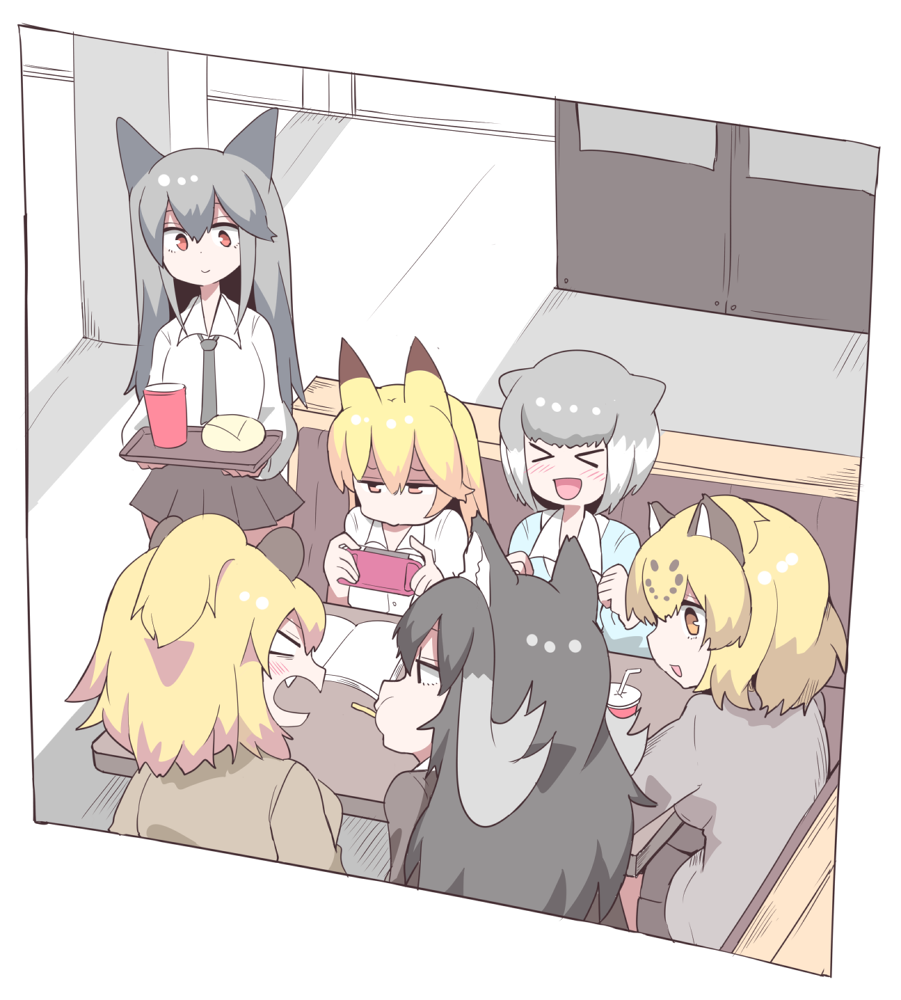 &gt;_&lt; 6+girls alternate_costume animal_ears antlers blonde_hair blush book brown_hair collared_shirt drink ezo_red_fox_(kemono_friends) fang food fox_ears grey_hair handheld_game_console jaguar_(kemono_friends) jaguar_ears kemono_friends ko1mitaka lion_(kemono_friends) lion_ears long_hair moose_(kemono_friends) moose_ears multicolored_hair multiple_girls necktie open_mouth otter_ears pleated_skirt pocky redhead shirt short_hair silver_fox_(kemono_friends) sitting skirt small-clawed_otter_(kemono_friends) smile sweater tray white_hair