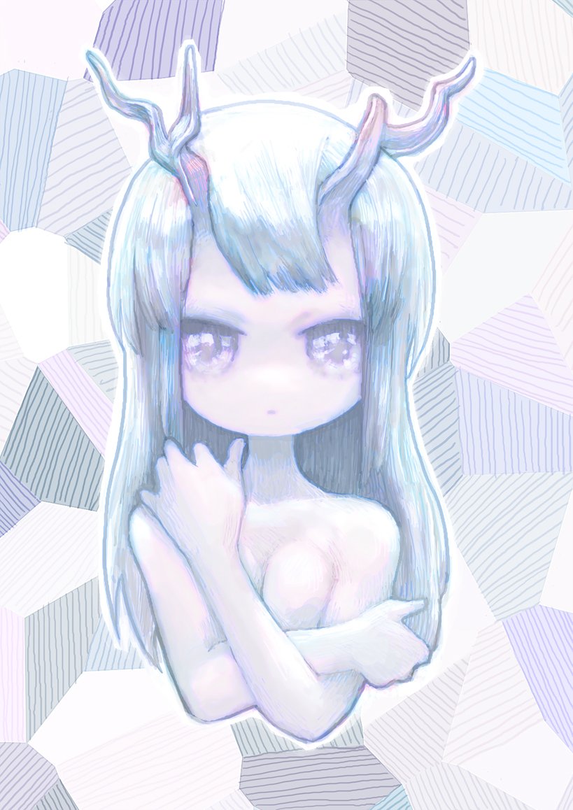 1girl ashitano_kirin bangs blue_hair breasts character_request copyright_request covering covering_breasts crossed_arms horns long_hair no_eyebrows no_nose portrait small_breasts solo topless white_hair