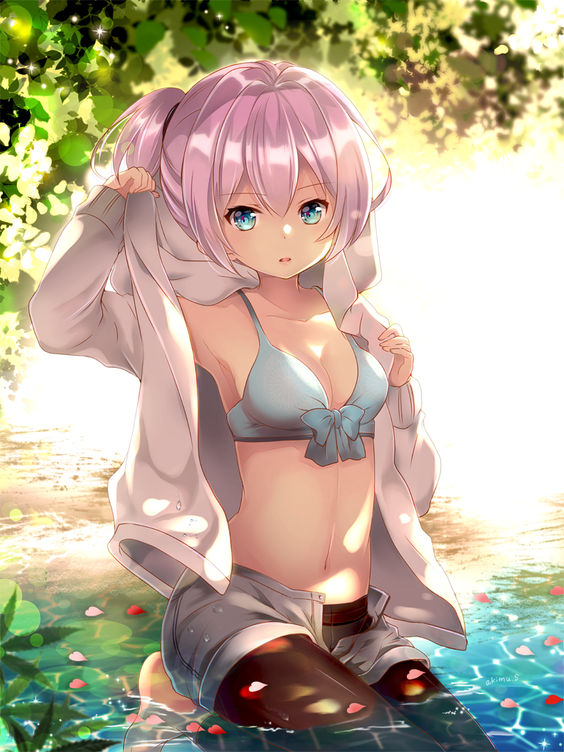 1girl arm_up armpits artist_name backlighting barefoot bikini_top black_legwear blue_bikini_top blue_eyes blurry bow_bikini breasts casual caustics collarbone commentary_request day depth_of_field grey_jacket grey_shorts heart-shaped_petals hood hooded_jacket jacket kantai_collection kneeling leaf leggings lens_flare lily_pad long_sleeves looking_at_viewer navel open_clothes open_jacket parted_lips petals petals_on_liquid pink_hair ponytail sakamaki_akimu shiranui_(kantai_collection) short_shorts shorts small_breasts solo sparkle swimsuit swimsuit_under_clothes unzipped water