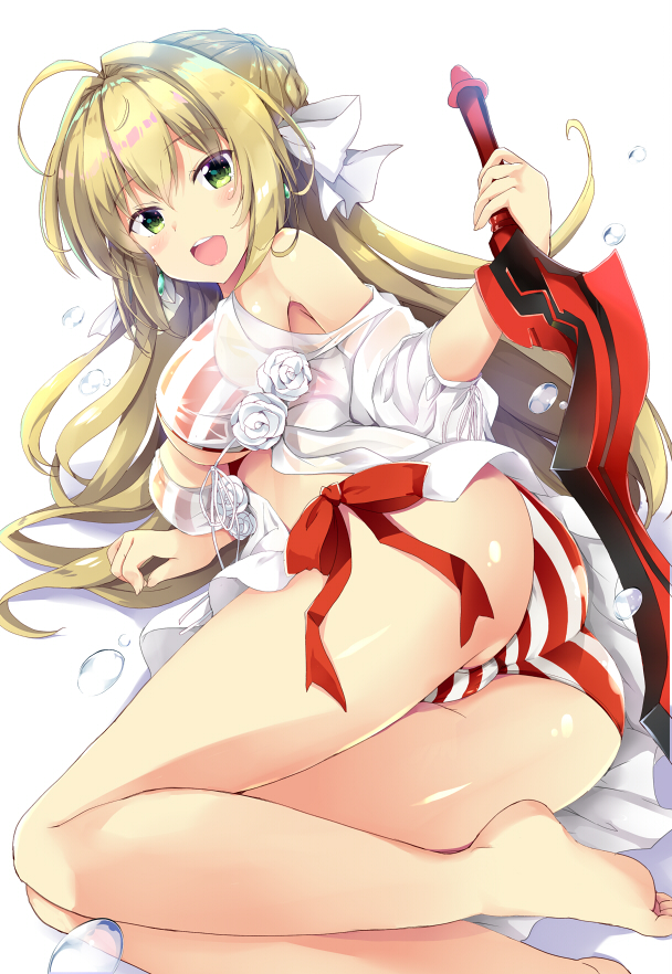 1girl :d aestus_estus ahoge armpits ass bangs bare_legs bare_shoulders barefoot bikini blonde_hair blush bow braid breasts cleavage comic commentary_request eyebrows_visible_through_hair fate/grand_order fate_(series) flower green_eyes hair_between_eyes hair_bow hair_bun hair_intakes holding holding_sword holding_weapon jacket large_breasts long_hair long_sleeves lying maruchan. nero_claudius_(fate)_(all) nero_claudius_(swimsuit_caster)_(fate) on_side open_clothes open_jacket open_mouth puffy_long_sleeves puffy_sleeves red_bow rose see-through sidelocks smile soles solo striped striped_bikini swimsuit sword upper_teeth very_long_hair water_drop weapon white_background white_bow white_flower white_jacket white_rose