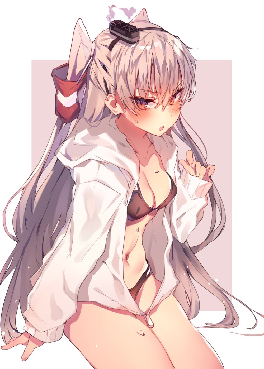 1girl alternate_costume amatsukaze_(kantai_collection) arm_support bangs bikini black_bikini blush breasts brown_eyes cleavage collarbone embarrassed eyebrows_visible_through_hair fang hair_between_eyes hair_tubes hand_up highres hood hood_down hoodie legs_together long_hair long_sleeves looking_at_viewer open_clothes open_hoodie open_mouth sidelocks silver_hair sitting small_breasts smokestack solo somkestack_hair_ornament soukou_makura swimsuit thighs two_side_up very_long_hair water_drop wet windsock zipper