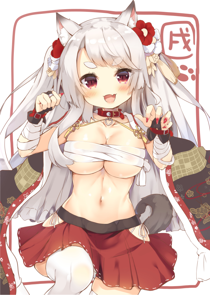 1girl :d animal_ears asa_(swallowtail) azur_lane bandage bandaged_arm bangs black_kimono blush breasts bridal_gauntlets budget_sarashi claw_pose cleavage collarbone commentary_request eyebrows_visible_through_hair fang fingernails flower hair_flower hair_ornament hands_up head_tilt heart japanese_clothes kimono large_breasts long_fingernails long_hair looking_at_viewer nail_polish navel open_clothes open_kimono open_mouth panties pleated_skirt print_kimono red_collar red_eyes red_flower red_nails red_skirt sarashi side-tie_panties signature silver_hair skirt smile solo tail thick_eyebrows thigh-highs underwear very_long_hair white_flower white_legwear white_panties wolf_ears wolf_girl wolf_tail yuudachi_(azur_lane)