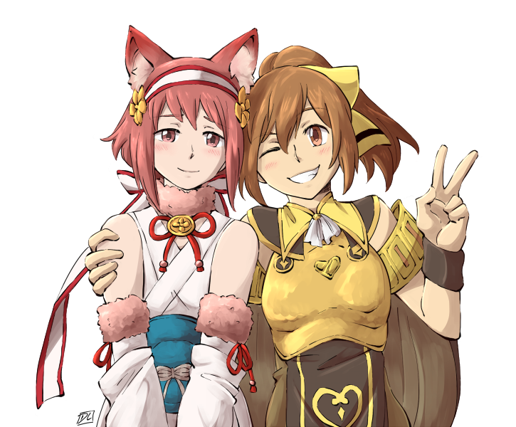 2girls animal_ears blush brown_eyes brown_hair dl dyute_(fire_emblem) fire_emblem fire_emblem_echoes:_mou_hitori_no_eiyuuou fire_emblem_heroes fire_emblem_if fox_ears hand_on_another's_shoulder multiple_girls one_eye_closed pink_hair sakura_(fire_emblem_if) simple_background smile white_background
