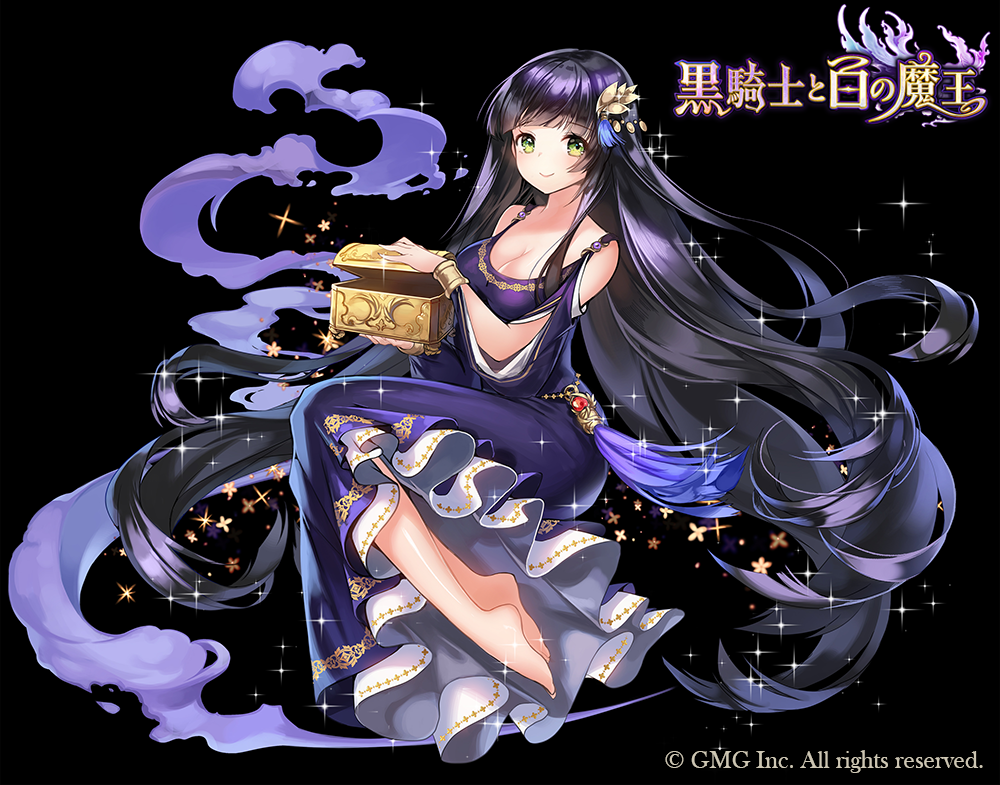 1girl apple_caramel bangs bare_shoulders barefoot black_background black_hair black_knight_and_white_demon box breasts cleavage closed_mouth commentary_request dress eyebrows_visible_through_hair green_eyes holding holding_box kurokishi_to_shiro_no_maou large_breasts long_hair looking_at_viewer official_art purple_dress smile smoke solo sparkle translated very_long_hair