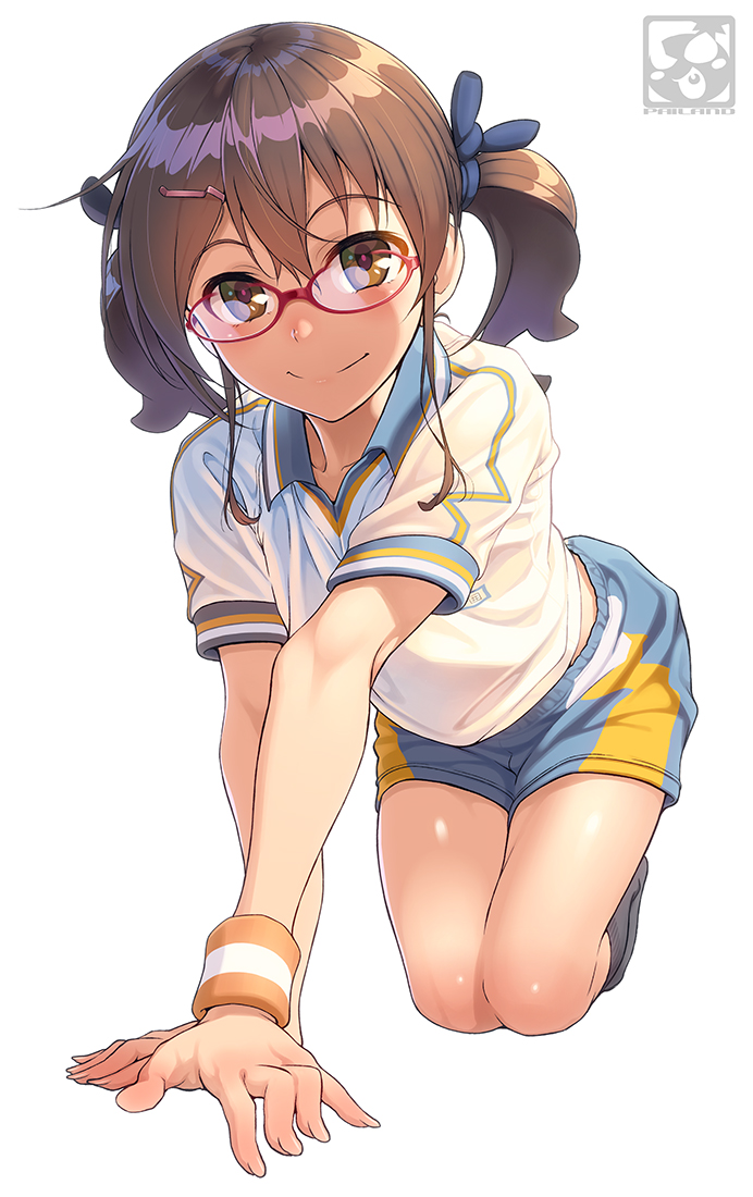 1girl brown_hair commentary_request glasses gym_uniform hair_ornament hairclip looking_at_viewer original pairan red-framed_eyewear short_sleeves shorts smile white_background