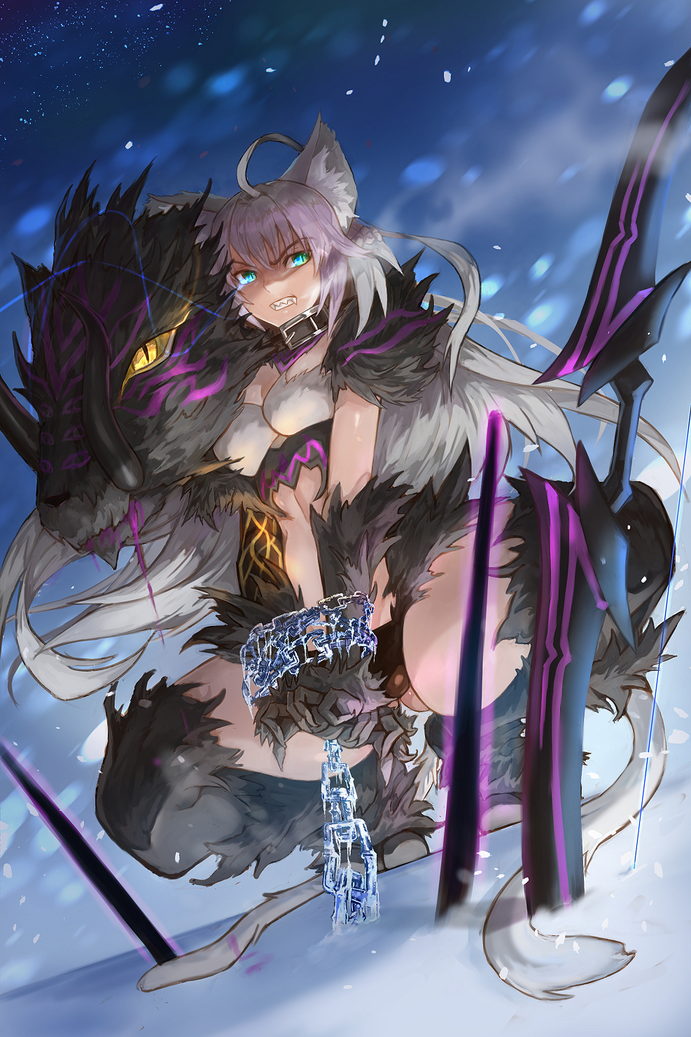 1girl agrius_metamorphosis ahoge angry animal_ears atalanta_(alter)_(fate) atalanta_(fate) belt_collar black_legwear blue_eyes breasts cat_ears cat_tail chained chains clenched_teeth david_lee fang fate/grand_order fate_(series) fur grey_hair hair_between_eyes highres multiple_tails slit_pupils small_breasts snow solo squatting tail teeth yellow_eyes