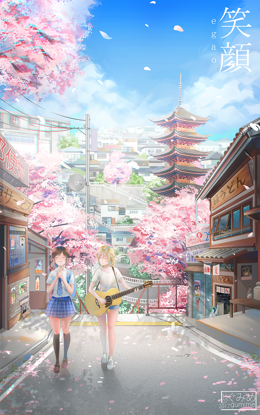 allison_(summer_lesson) artist_name artist_request background blonde_hair brown_hair cherry_blossoms closed_eyes dated guitar highres instrument miyamoto_hikari music pagoda petals playing_instrument poster_(object) school_uniform shoes shrine singing sky smile sneakers socks spring_(season) summer_lesson